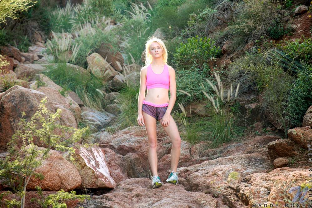 Nice blonde teen Maddy Rose pulls down her shorts and masturbates in the wild - #4