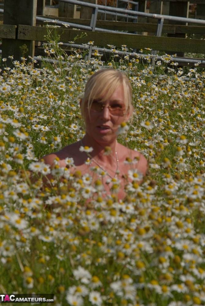 Overweight blonde Melody uncups her large boobs in a field of wild flowers - #6