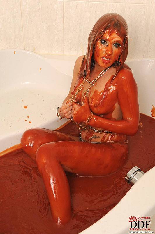 White girl pisses into blood filled tub before getting in it - #2