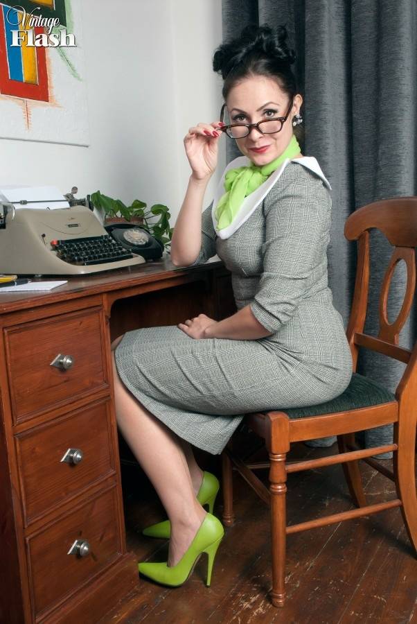 MILF secretary Sophie Delane in glasses stripping to spread naked at her desk - #7