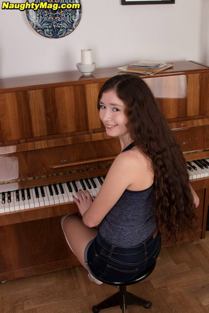 First timer with long curly hair strips to OTK socks by an upright piano - #7