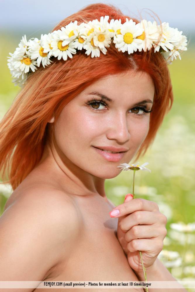Pretty redhead Dina P wears a crown of daisies while bare naked in a field - #10