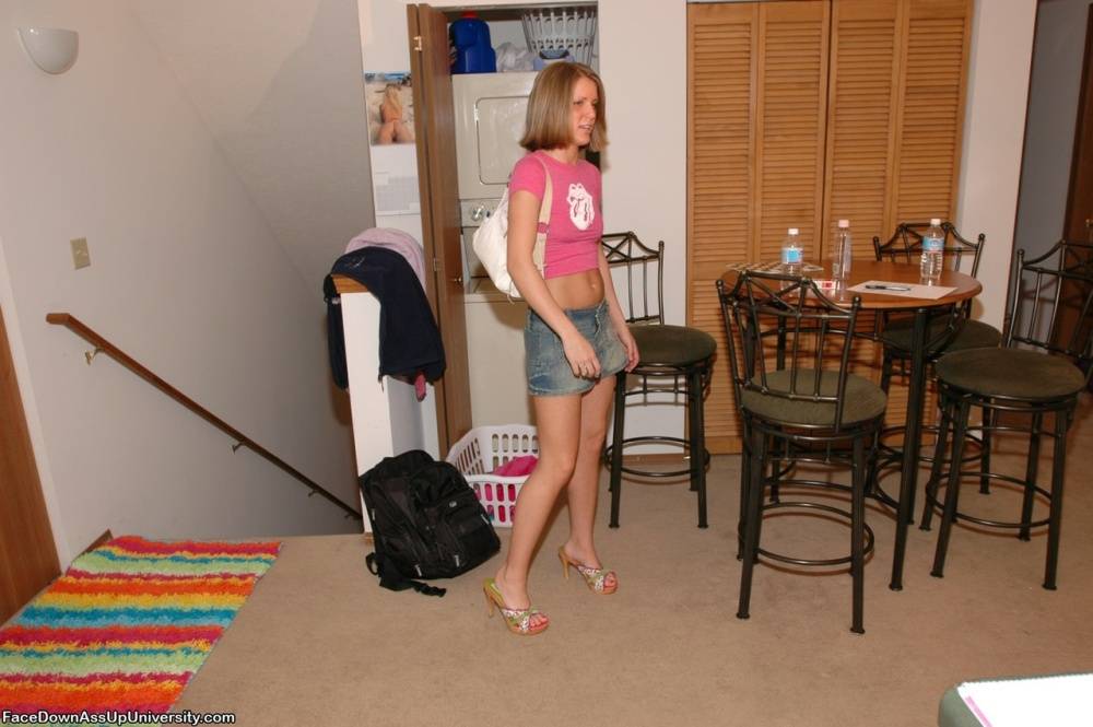 Barefoot amateur has her hands cuffed behind in back in boy shorts - #2