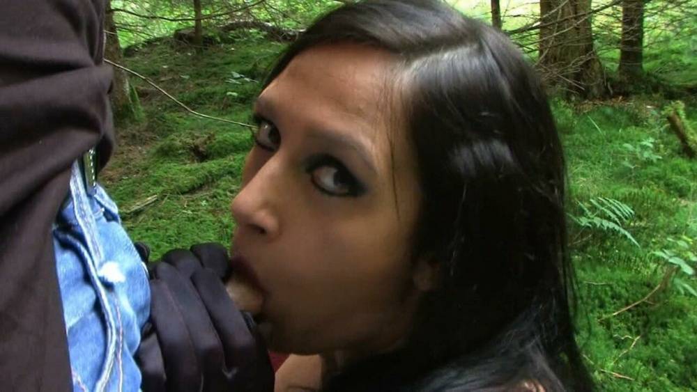 Goth woman Lady Angelina sucks the sperm from a big cock near the woods - #3