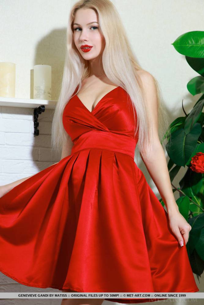 Nice blonde teen Genevieve Gandi removes red dress to display her trimmed muff | Photo: 523851