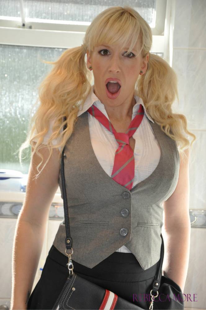 Blonde female Rebecca More exposes her tits and twat in schoolgirl outfit - #14