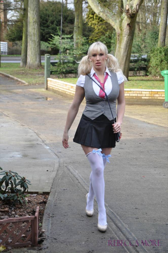 Blonde female Rebecca More exposes her tits and twat in schoolgirl outfit - #2