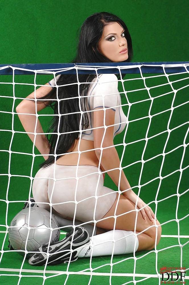 Sporty hottie Roxy Panther posing in body painted soccer outfit - #6