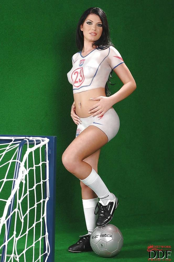 Sporty hottie Roxy Panther posing in body painted soccer outfit - #11