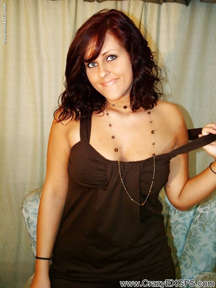 Smiley brunette amateur chick uncovering her ample breasts - #12
