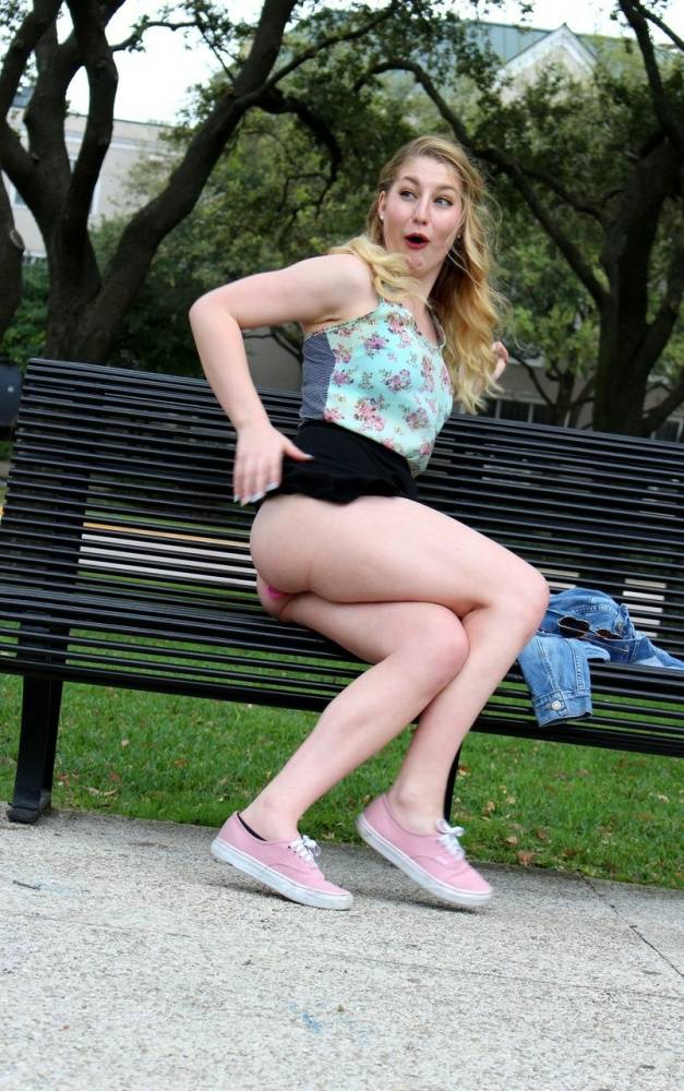 Blonde amateur takes off her upskirt panties before fucking in public - #5