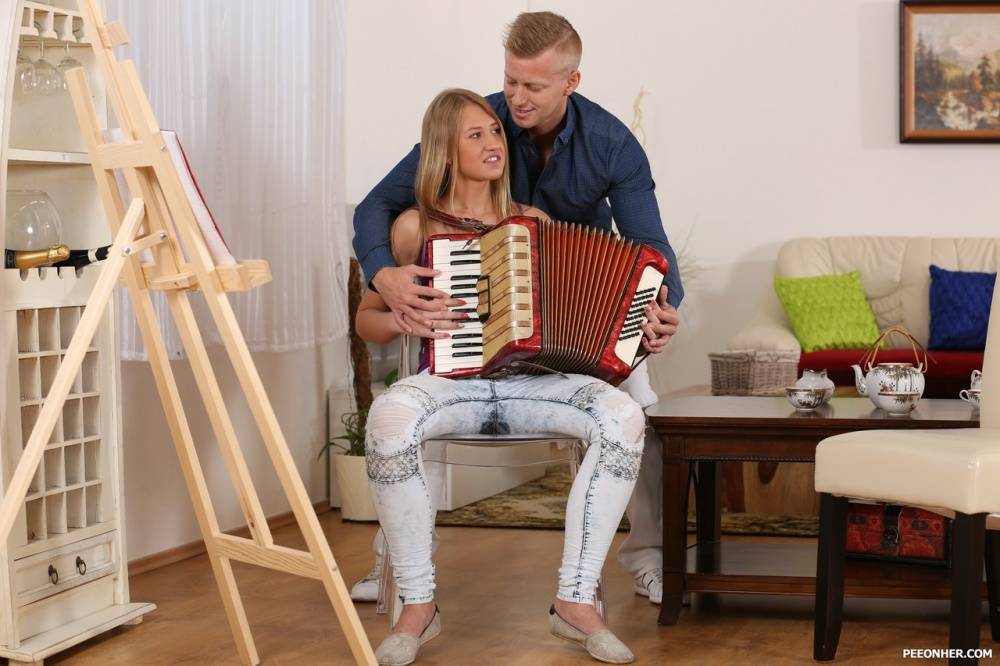 Blonde chick Milana plays pee games during anal sex with her accordion teacher - #8