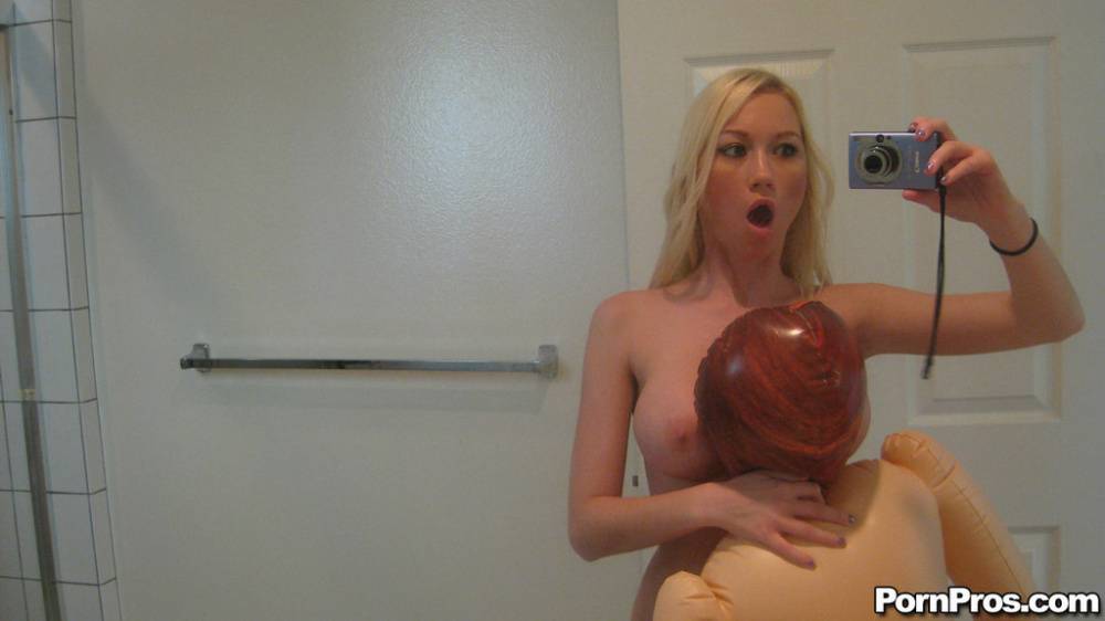 Blonde chick Madison Scott takes selfies as she undresses with a sex doll - #5