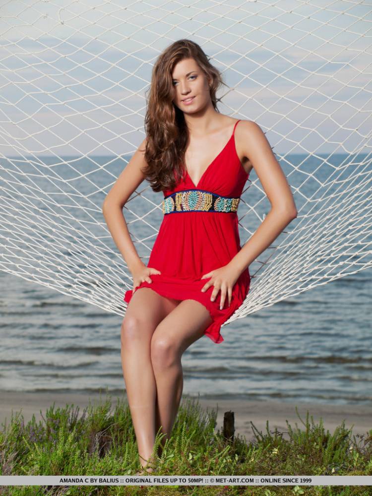Teen glamour model Amanda C posing naked on hammock next to the ocean - #12