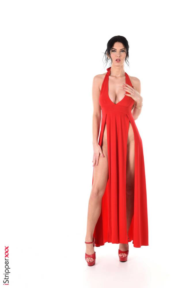 Dark-haired beauty removes a revealing red dress before toying her asshole - #12