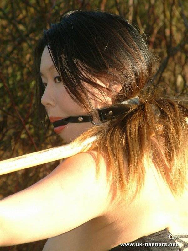 Busty Asian chick is restrained with spreader bar while ballgagged outdoors | Photo: 933580