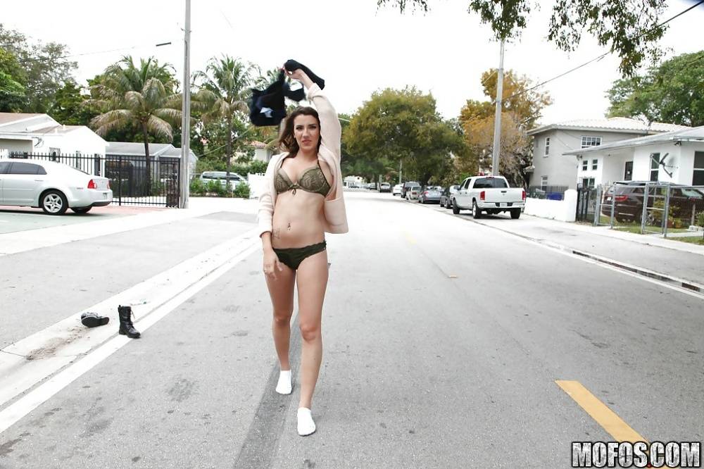 Latina babe Sophia Grace strips in public and flashes tits on street - #4