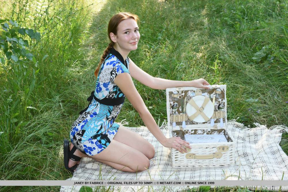 Young redhead Janey gets totally naked while having a picnic - #11