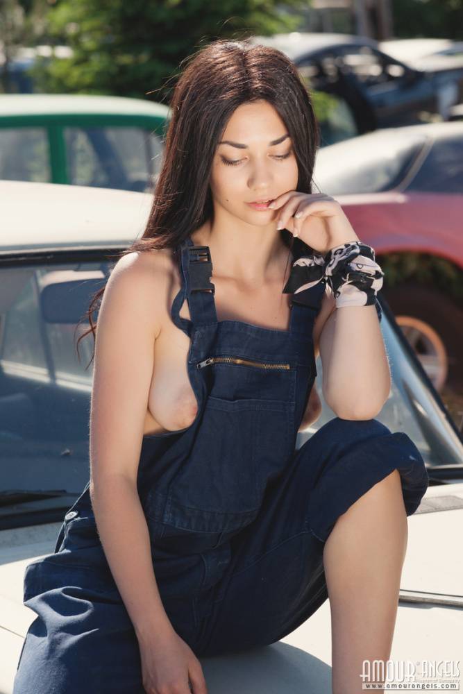 Beautiful girl Annasia ditches overalls to pose nude on a wrecked auto - #7