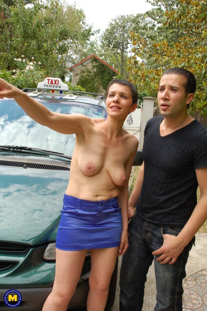 French lady with short hair fucks a lost taxi driver out on the yard - #1