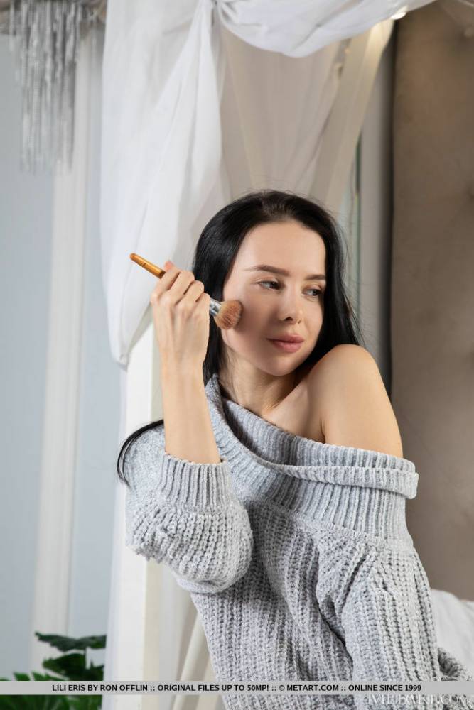 Dark haired teen Lili Eris removes a sweater dress and thong to pose naked - #6