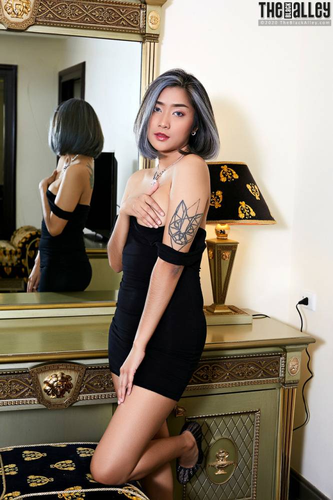 Tattooed Asian babe looses her tiny tits and pussy from a little black dress - #15