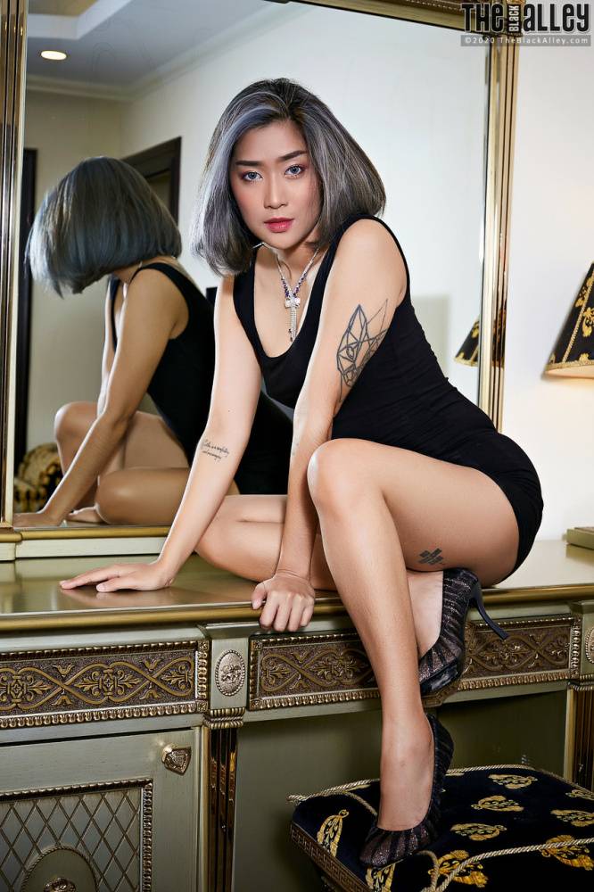 Tattooed Asian babe looses her tiny tits and pussy from a little black dress - #3