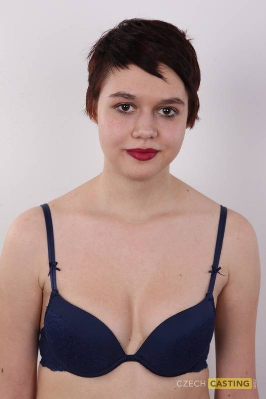 Chubby girl with short hair and red lips gets naked for the first time - #13