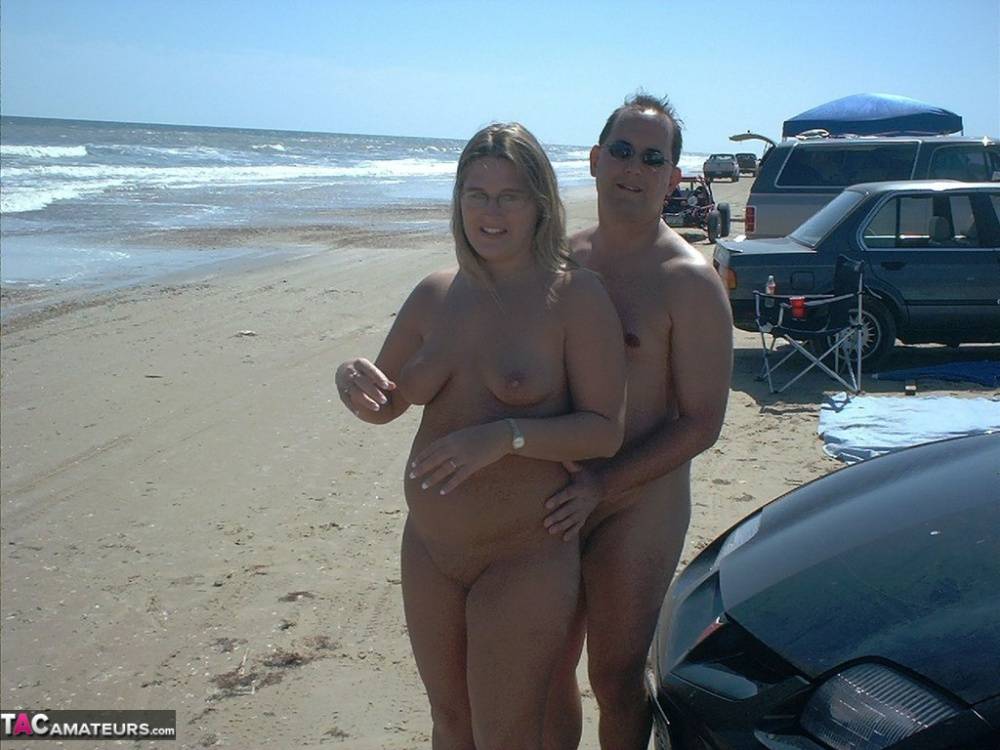 Glasses wearing amateur BBW gets gangbanged on a nude beach - #6