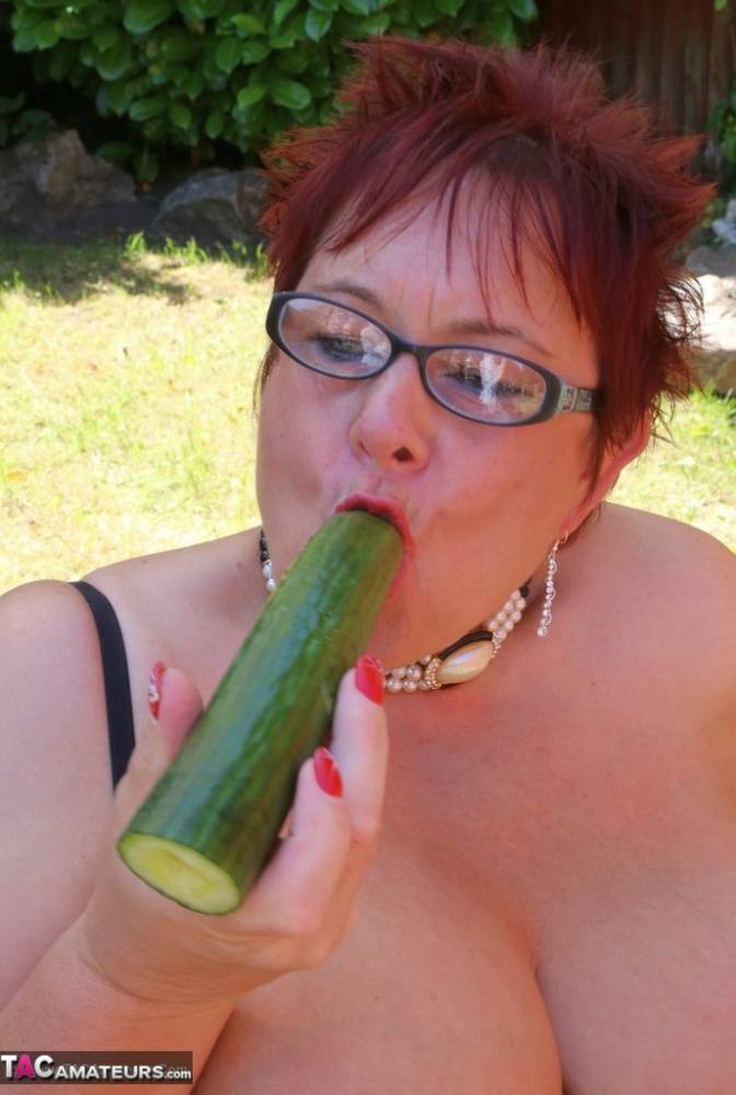 Mature BBW with red hair Warm Sweet Honey pleasures her twat with a cucumber - #8