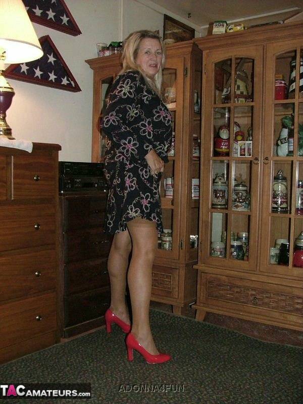 Fat grandmother with blonde hair exposes herself in tan nylons and garters - #4