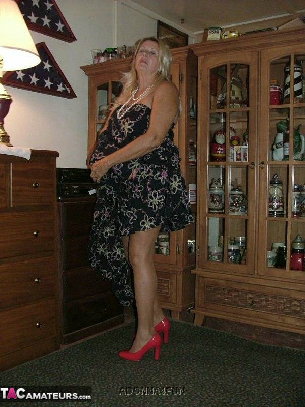 Fat grandmother with blonde hair exposes herself in tan nylons and garters - #15
