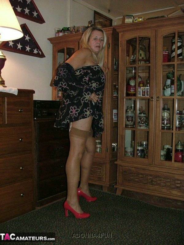 Fat grandmother with blonde hair exposes herself in tan nylons and garters - #3