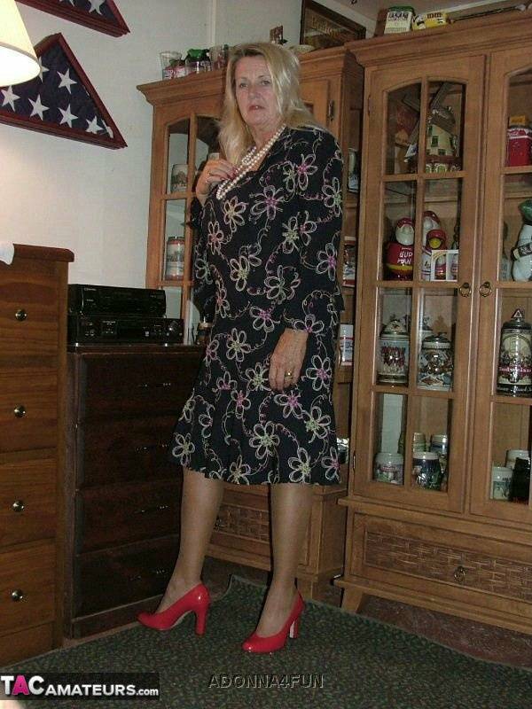Fat grandmother with blonde hair exposes herself in tan nylons and garters - #6