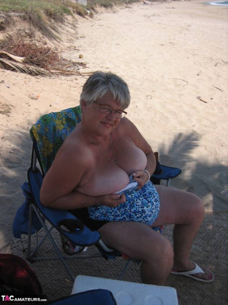 Fat granny Girdle Goddess takes off swimwear to pose nude at the ebach - #12