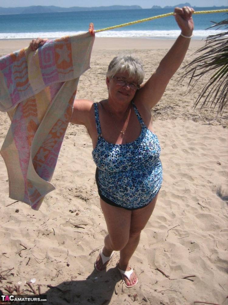 Fat granny Girdle Goddess takes off swimwear to pose nude at the ebach - #8