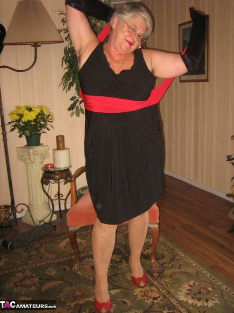 Old fatty Girdle Goddess fondles saggy tits in black velvet gloves and hose - #16