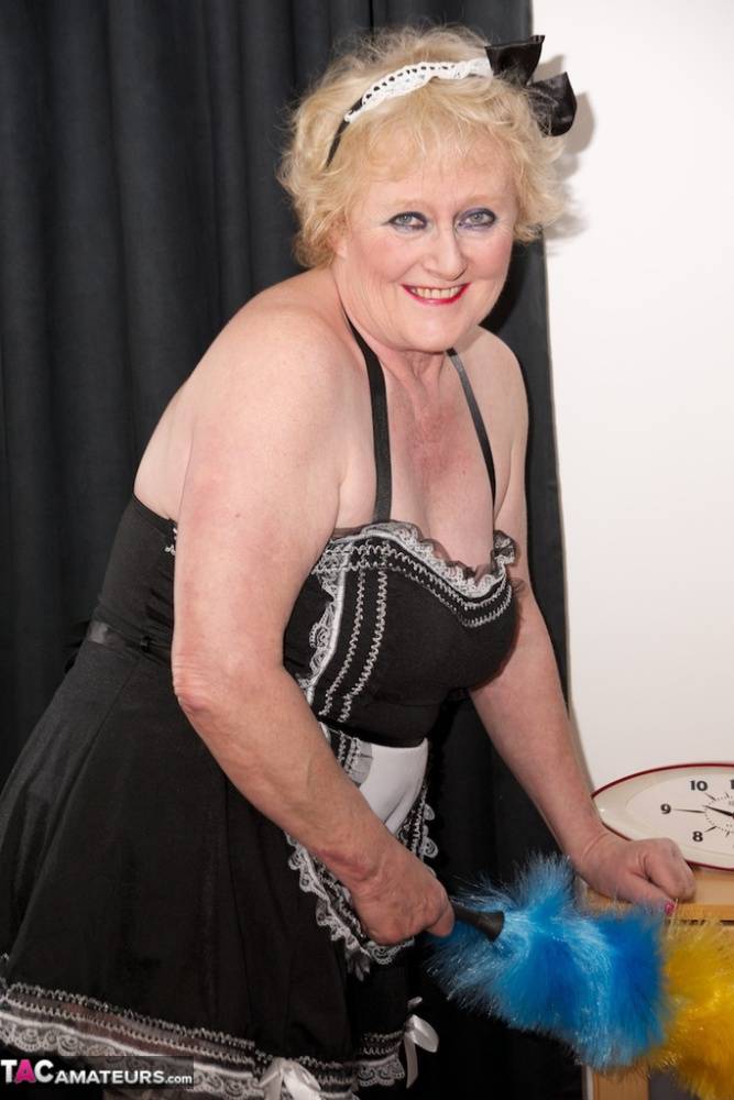 Old woman masturbates her horny cunt wearing a French maid outfit and heels - #15