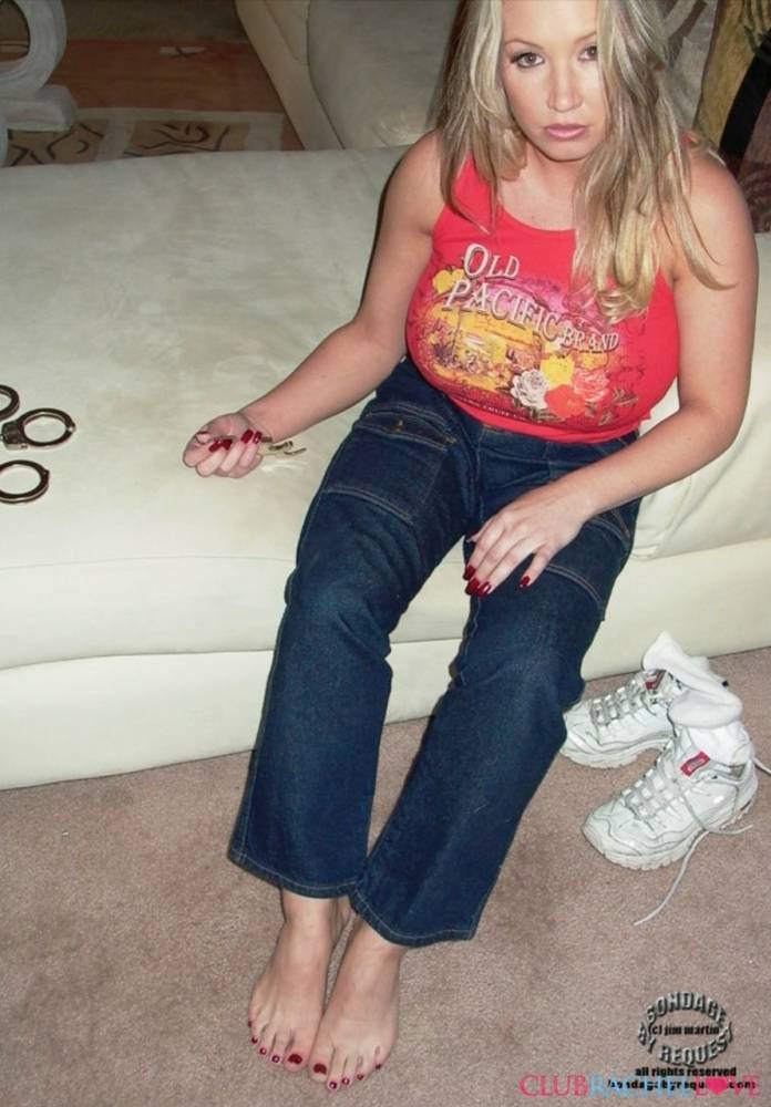 Older blonde Rachel Love paints her toenails while clothed and cuffed - #13