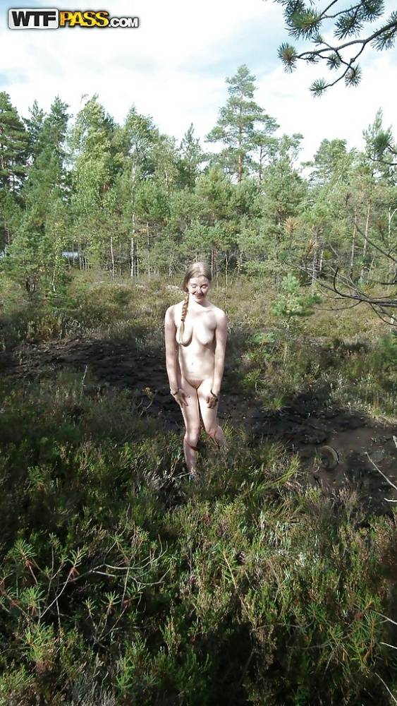 Outdoor posing with marvelous teen babe showing her ass in woods - #13