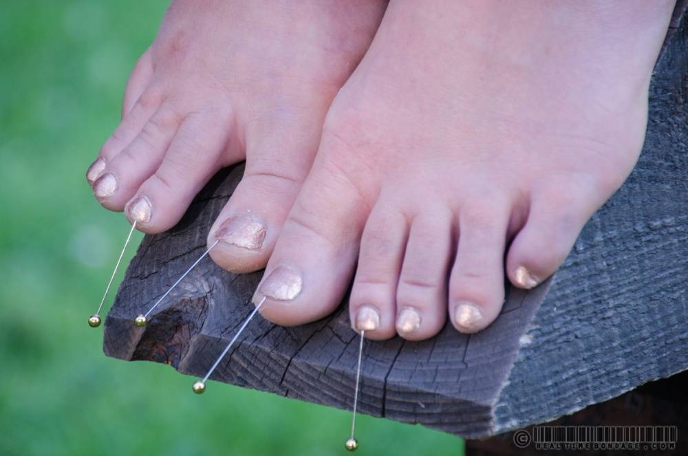 Female slave London River is restrained in a variety of ways in a yard - #6