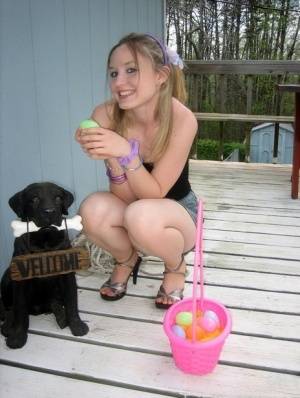 Charming young girl exposes a nipple while collecting Easter eggs - #main