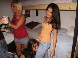 Foxy coeds with sexy bodies are into wild groupsex in the dorm room on realgirlsweb.com