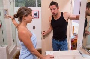 Skinny wife Presley Hart seduces her husband's friend in a bathroom on realgirlsweb.com