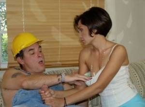 Horny Tina seduces the workman into steamy afternoon groupsex with a handjob on realgirlsweb.com