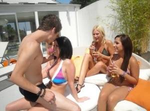 Young girls in bikinis takes turns sucking and fucking a solitary cock on realgirlsweb.com